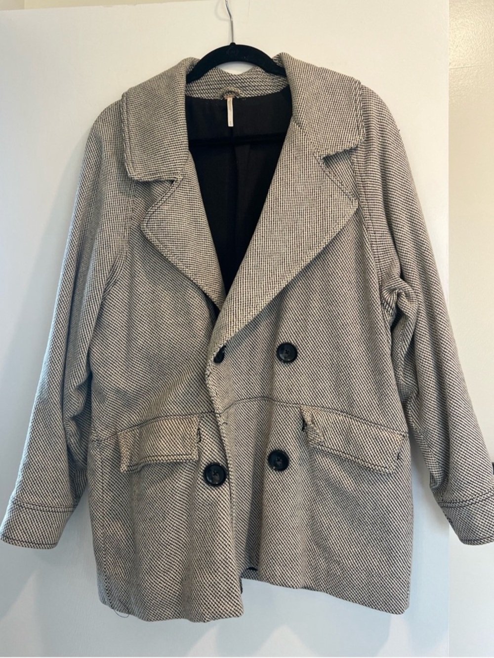 Free People Oversized Double-Breasted Blazer Coat Houndstooth Black & White Smal